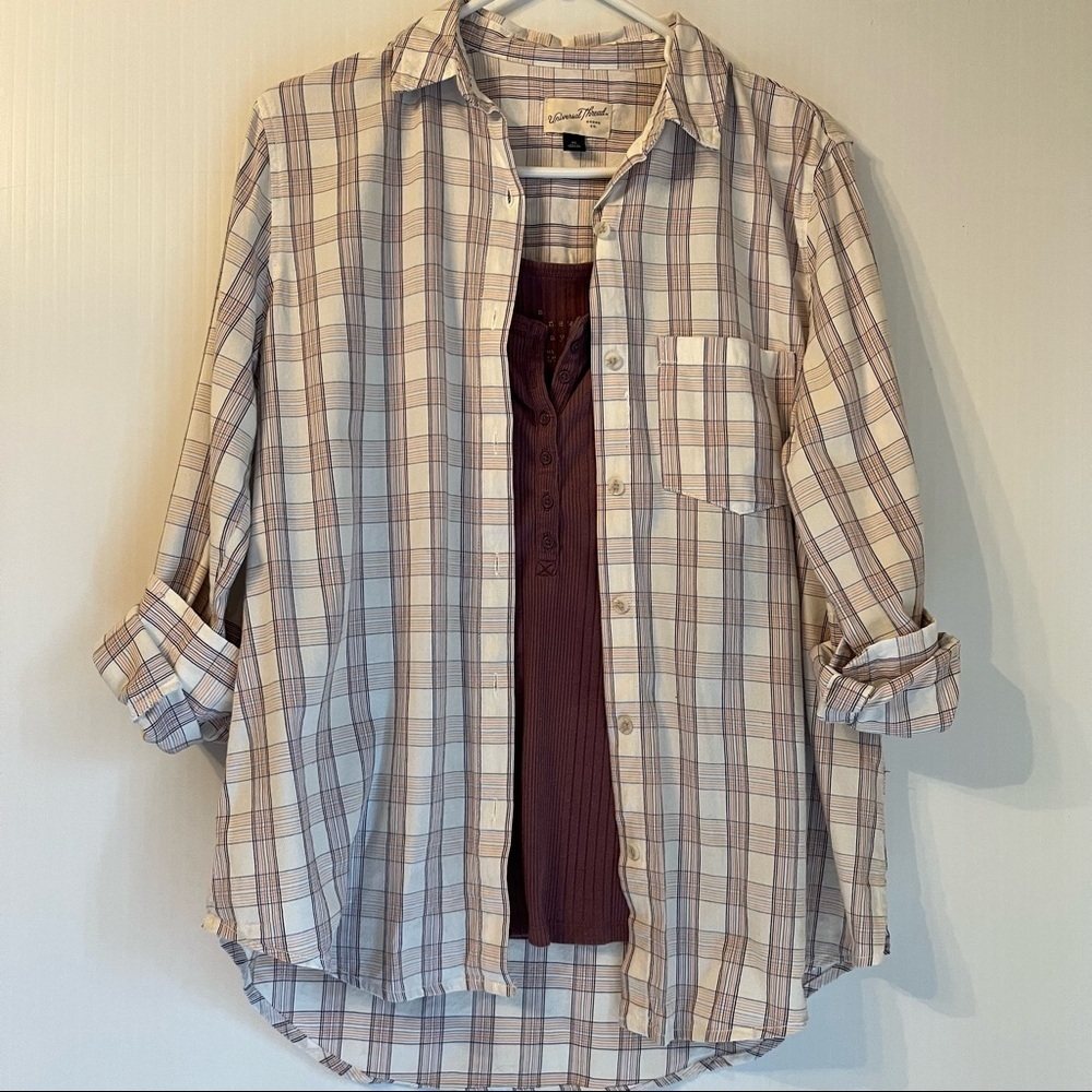 Oversized XS Plaid Button Shirt + Tank S Set Cream Plum Lightweight Layered Look